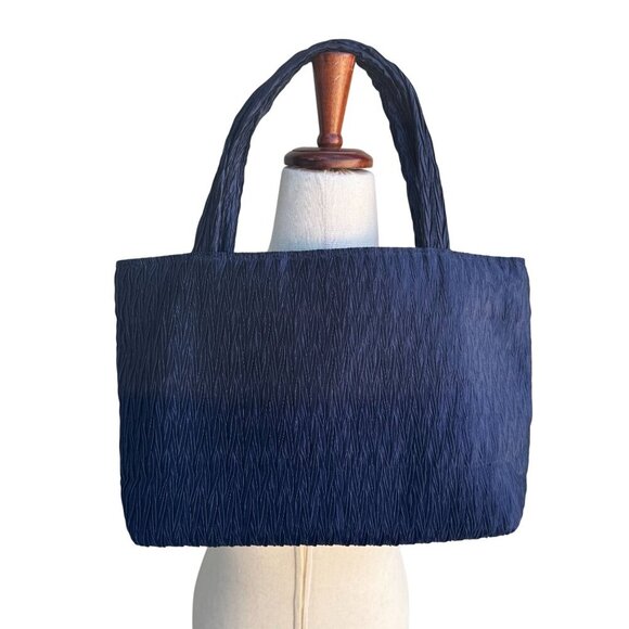 NaRaYa Navy Crinkle Textured Dual Handles & Zipper Closure Handbag Totebag - Picture 2 of 8